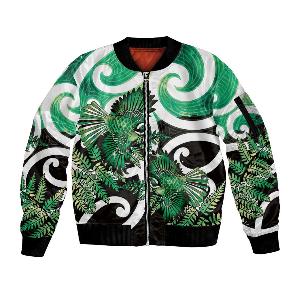 Piwakawaka New Zealand Matariki Sleeve Zip Bomber Jacket Maori New Year Silver Fern Green Galaxy