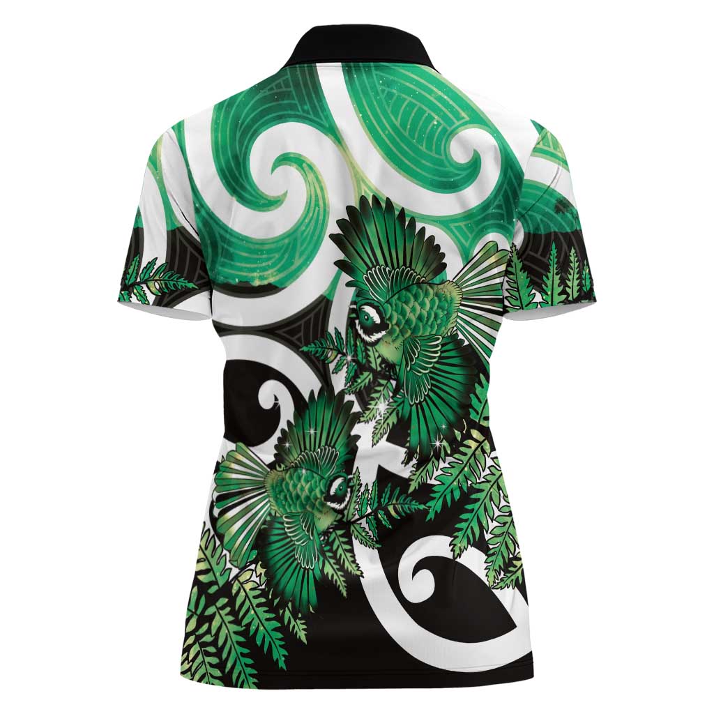 Piwakawaka New Zealand Matariki Women Polo Shirt Maori New Year Silver Fern Green Galaxy LT14 - Polynesian Pride
