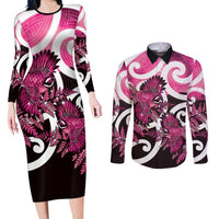 Piwakawaka New Zealand Matariki Couples Matching Long Sleeve Bodycon Dress and Long Sleeve Button Shirt Maori New Year Silver Fern Pink Galaxy LT14 Pink - Polynesian Pride