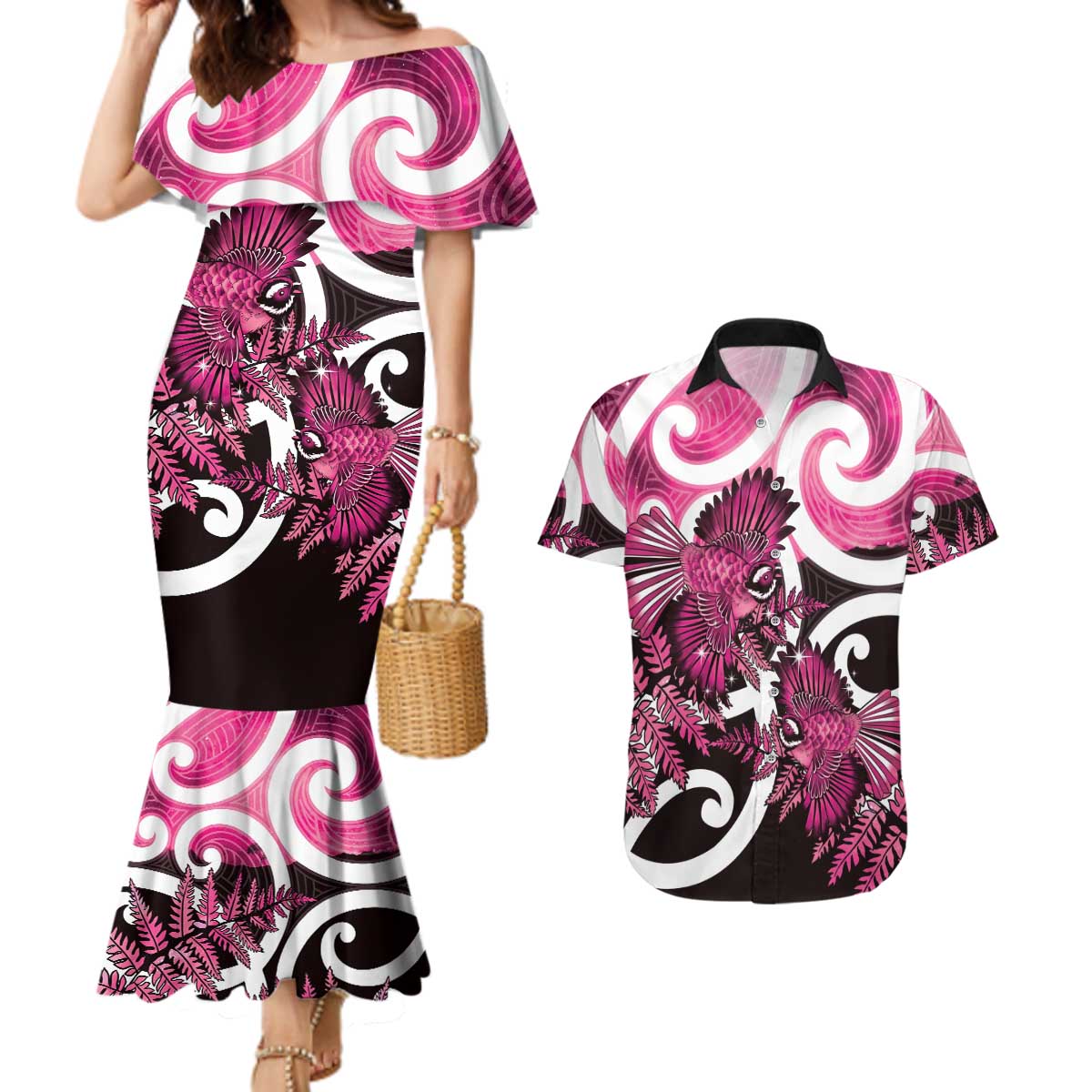 Piwakawaka New Zealand Matariki Couples Matching Mermaid Dress and Hawaiian Shirt Maori New Year Silver Fern Pink Galaxy