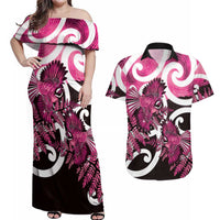 Piwakawaka New Zealand Matariki Couples Matching Off Shoulder Maxi Dress and Hawaiian Shirt Maori New Year Silver Fern Pink Galaxy LT14 Pink - Polynesian Pride