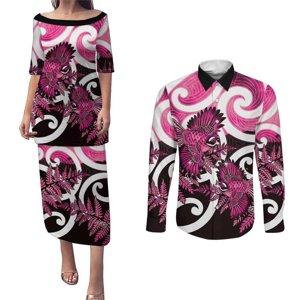 Piwakawaka New Zealand Matariki Couples Matching Puletasi and Long Sleeve Button Shirt Maori New Year Silver Fern Pink Galaxy LT14 Pink - Polynesian Pride