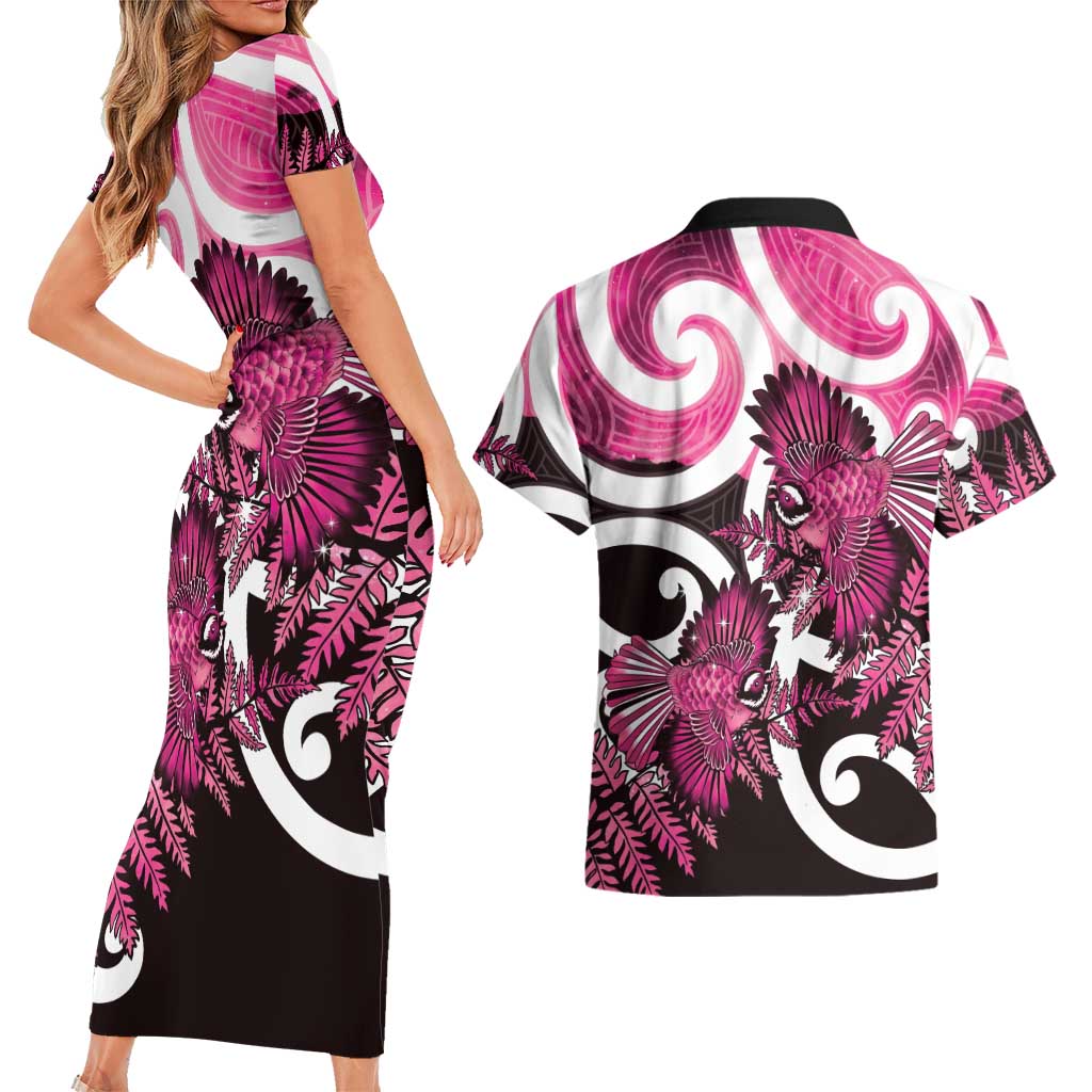 Piwakawaka New Zealand Matariki Couples Matching Short Sleeve Bodycon Dress and Hawaiian Shirt Maori New Year Silver Fern Pink Galaxy LT14 - Polynesian Pride