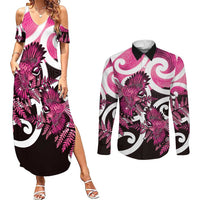 Piwakawaka New Zealand Matariki Couples Matching Summer Maxi Dress and Long Sleeve Button Shirt Maori New Year Silver Fern Pink Galaxy LT14 Pink - Polynesian Pride