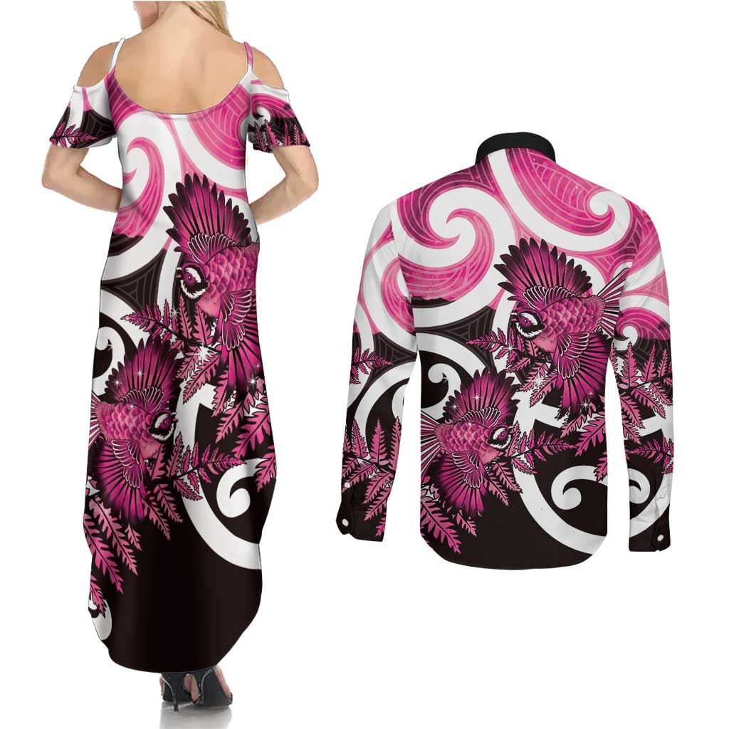 Piwakawaka New Zealand Matariki Couples Matching Summer Maxi Dress and Long Sleeve Button Shirt Maori New Year Silver Fern Pink Galaxy LT14 - Polynesian Pride