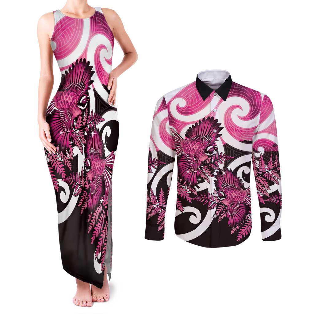 Piwakawaka New Zealand Matariki Couples Matching Tank Maxi Dress and Long Sleeve Button Shirt Maori New Year Silver Fern Pink Galaxy