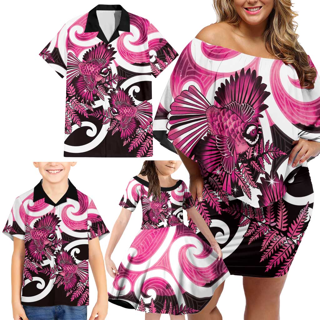 Piwakawaka New Zealand Matariki Family Matching Off Shoulder Short Dress and Hawaiian Shirt Maori New Year Silver Fern Pink Galaxy LT14 - Polynesian Pride