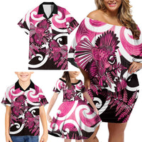 Piwakawaka New Zealand Matariki Family Matching Off Shoulder Short Dress and Hawaiian Shirt Maori New Year Silver Fern Pink Galaxy LT14 - Polynesian Pride