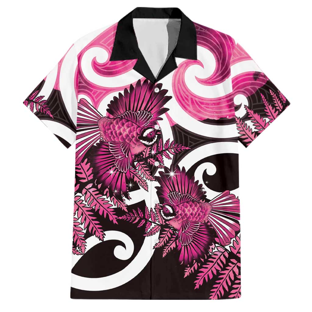 Piwakawaka New Zealand Matariki Family Matching Off Shoulder Short Dress and Hawaiian Shirt Maori New Year Silver Fern Pink Galaxy LT14 Dad's Shirt - Short Sleeve Pink - Polynesian Pride
