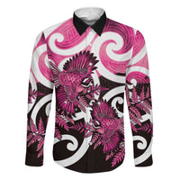 Piwakawaka New Zealand Matariki Family Matching Off Shoulder Short Dress and Hawaiian Shirt Maori New Year Silver Fern Pink Galaxy LT14 Dad's Shirt - Long Sleeve Pink - Polynesian Pride