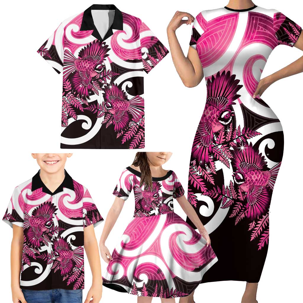 Piwakawaka New Zealand Matariki Family Matching Short Sleeve Bodycon Dress and Hawaiian Shirt Maori New Year Silver Fern Pink Galaxy