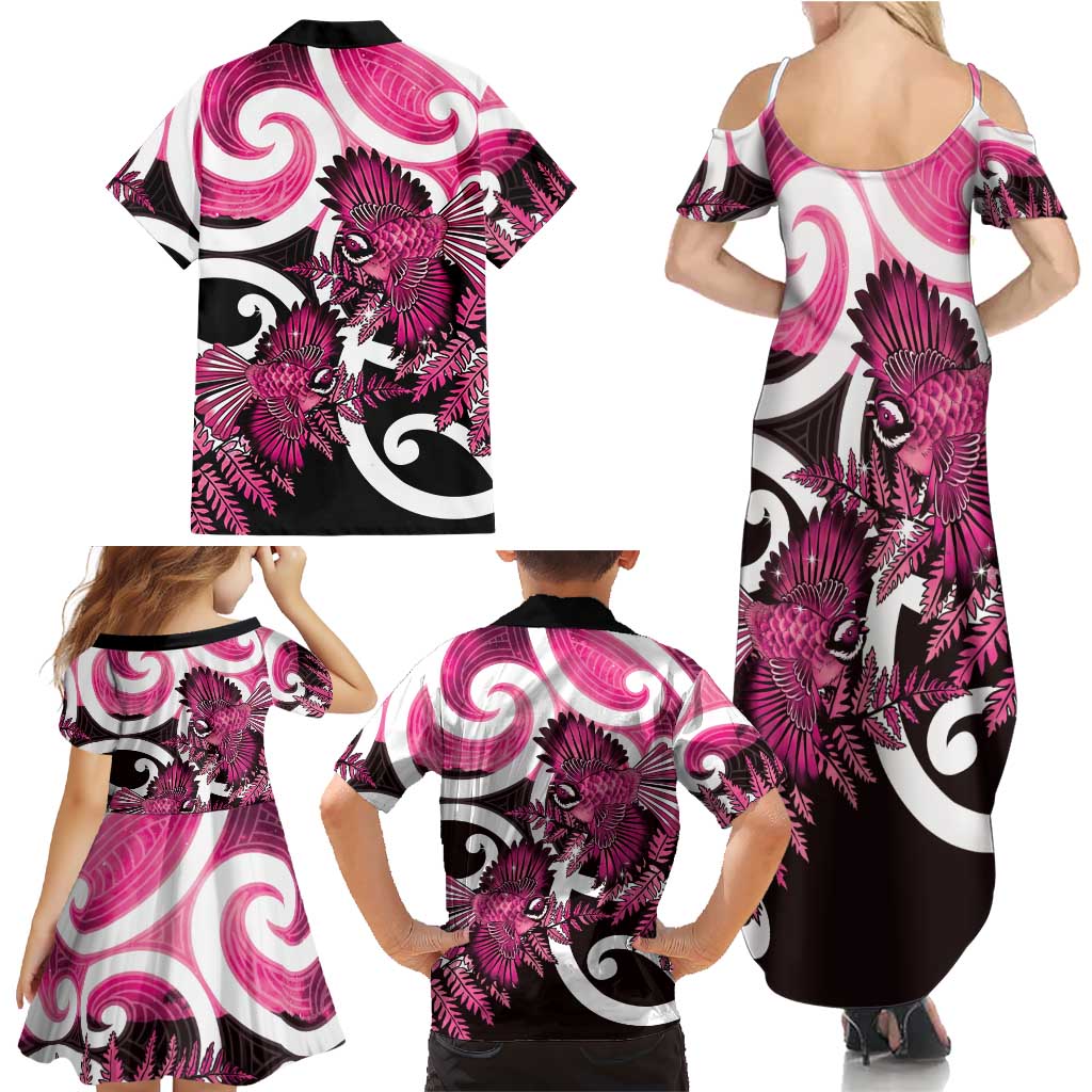 Piwakawaka New Zealand Matariki Family Matching Summer Maxi Dress and Hawaiian Shirt Maori New Year Silver Fern Pink Galaxy LT14 - Polynesian Pride