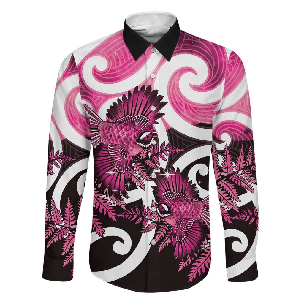 Piwakawaka New Zealand Matariki Family Matching Summer Maxi Dress and Hawaiian Shirt Maori New Year Silver Fern Pink Galaxy LT14 Dad's Shirt - Long Sleeve Pink - Polynesian Pride