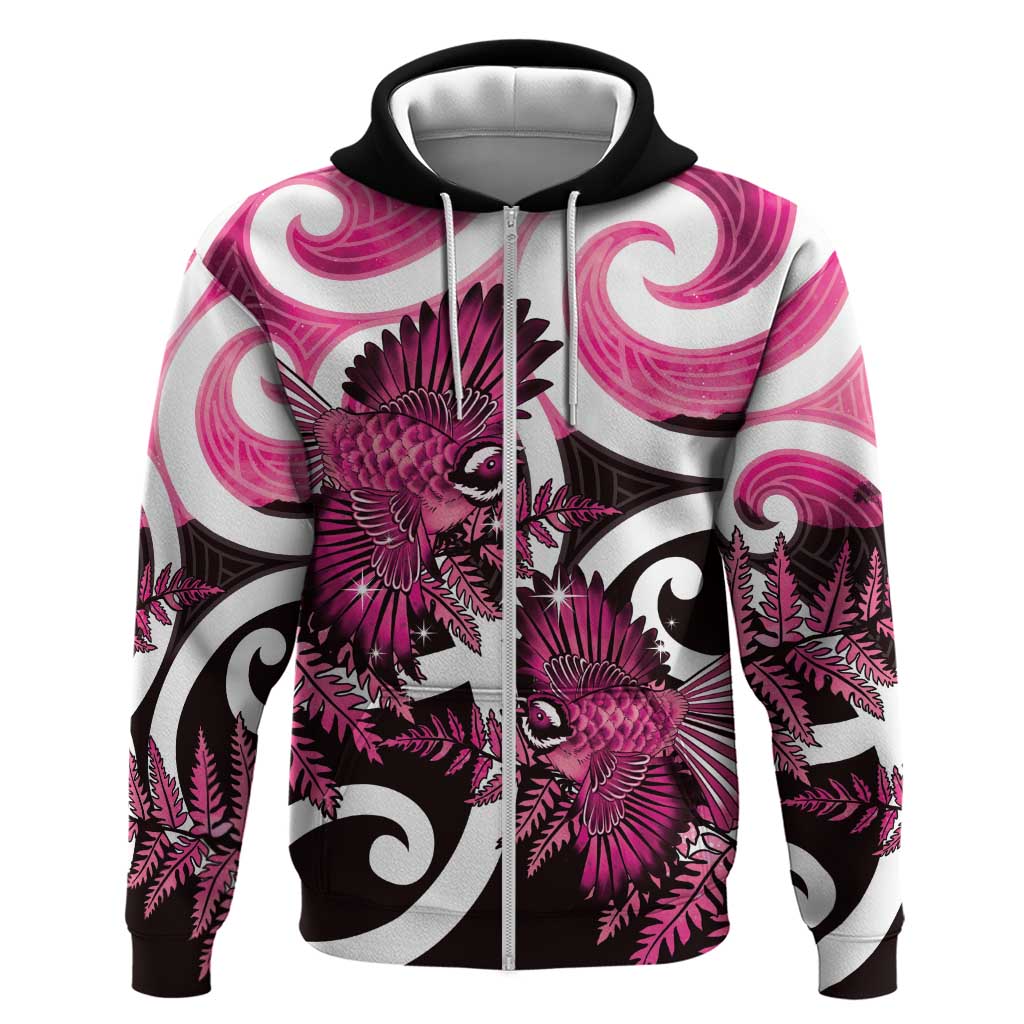 Piwakawaka New Zealand Matariki Hoodie Maori New Year Silver Fern Pink Galaxy LT14 Zip Hoodie Pink - Polynesian Pride