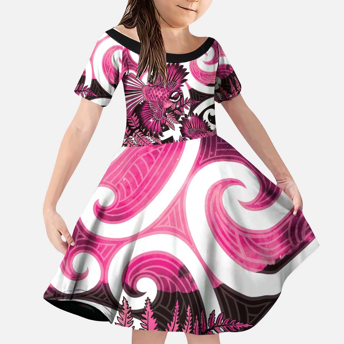 Piwakawaka New Zealand Matariki Kid Short Sleeve Dress Maori New Year Silver Fern Pink Galaxy LT14 KID Pink - Polynesian Pride