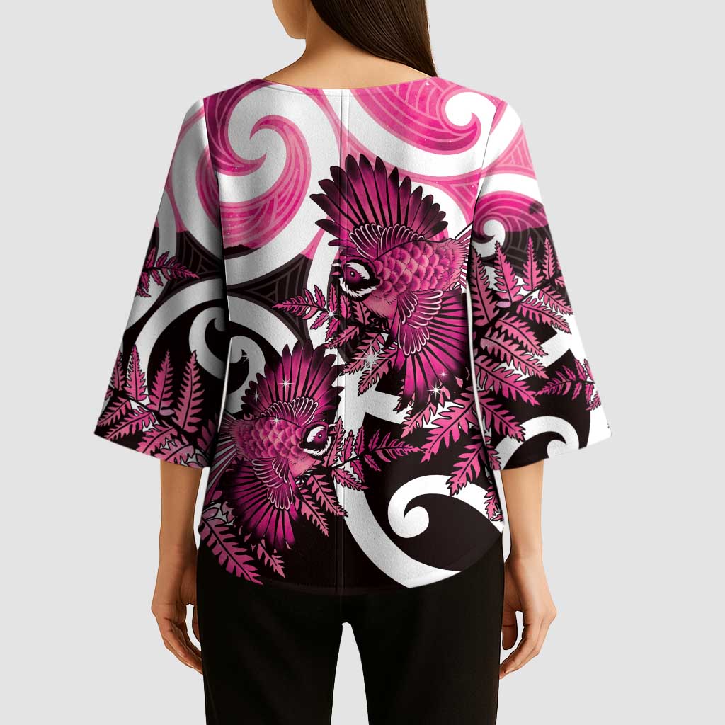 Piwakawaka New Zealand Matariki Kimono Sleeve Blouse Maori New Year Silver Fern Pink Galaxy LT14 - Polynesian Pride