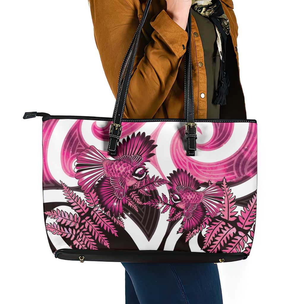 Piwakawaka New Zealand Matariki Leather Tote Bag Maori New Year Silver Fern Pink Galaxy LT14 - Polynesian Pride