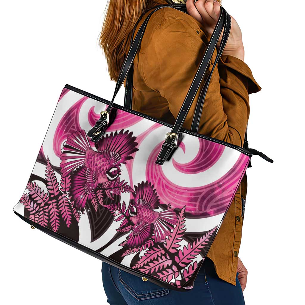 Piwakawaka New Zealand Matariki Leather Tote Bag Maori New Year Silver Fern Pink Galaxy LT14 - Polynesian Pride