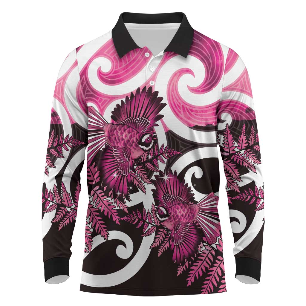 Piwakawaka New Zealand Matariki Long Sleeve Polo Shirt Maori New Year Silver Fern Pink Galaxy LT14 Pink - Polynesian Pride