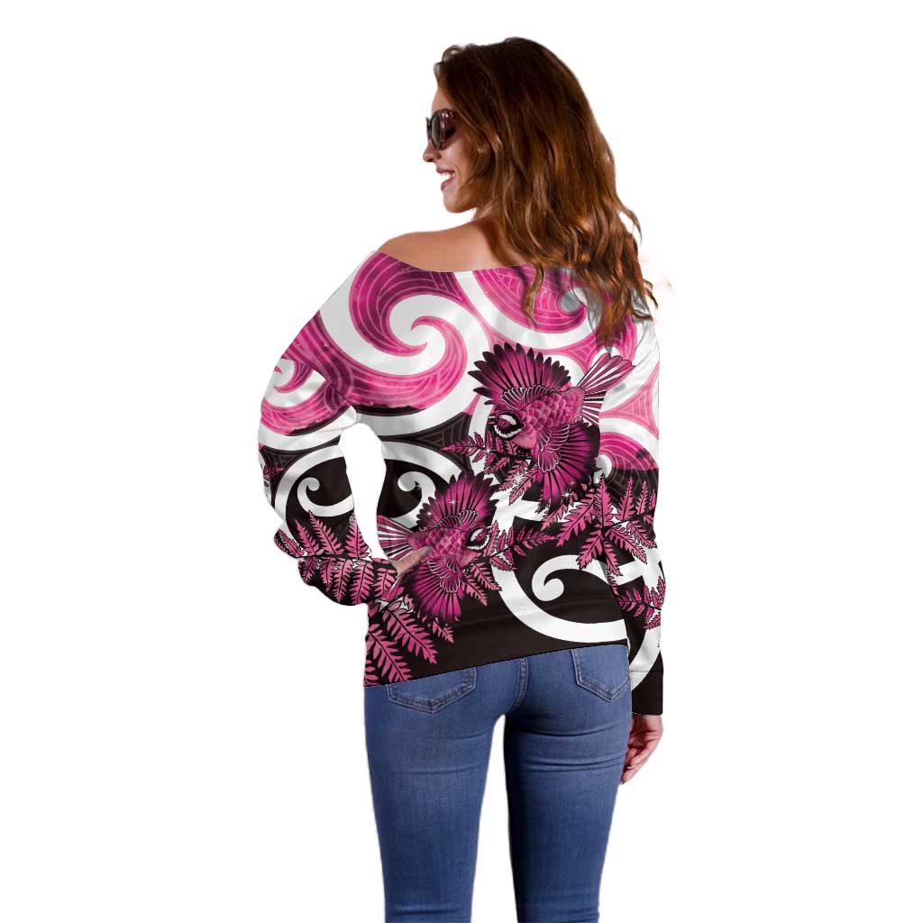 Piwakawaka New Zealand Matariki Off Shoulder Sweater Maori New Year Silver Fern Pink Galaxy LT14 - Polynesian Pride