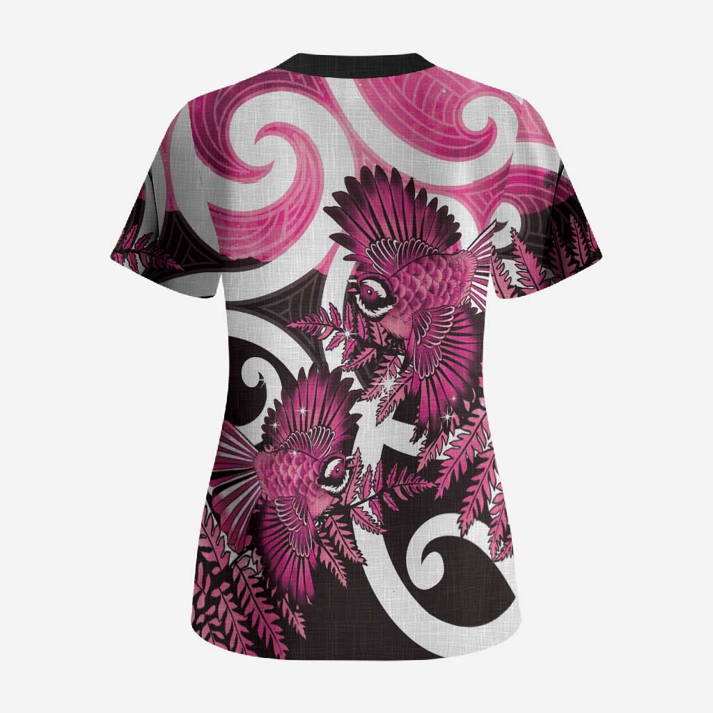 Piwakawaka New Zealand Matariki Scrub Top Maori New Year Silver Fern Pink Galaxy LT14 - Polynesian Pride