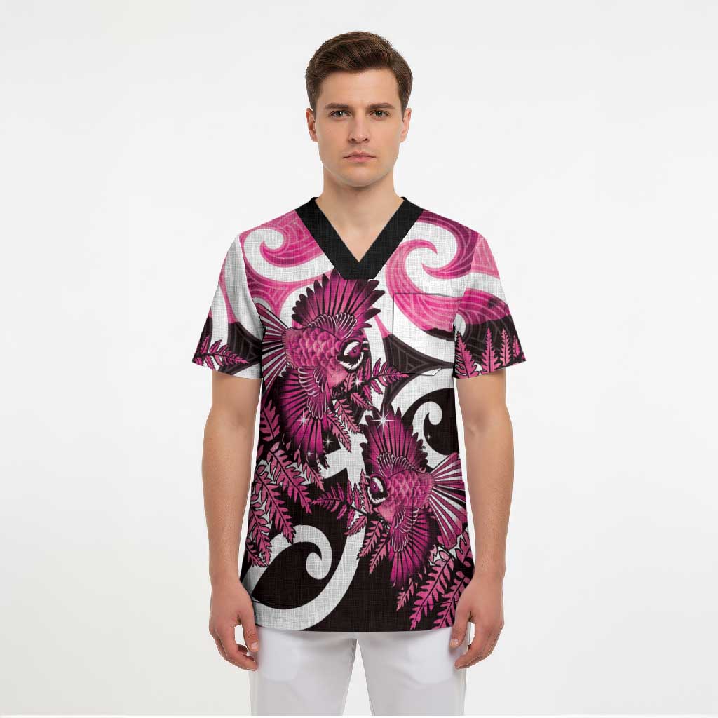 Piwakawaka New Zealand Matariki Scrub Top Maori New Year Silver Fern Pink Galaxy LT14 - Polynesian Pride