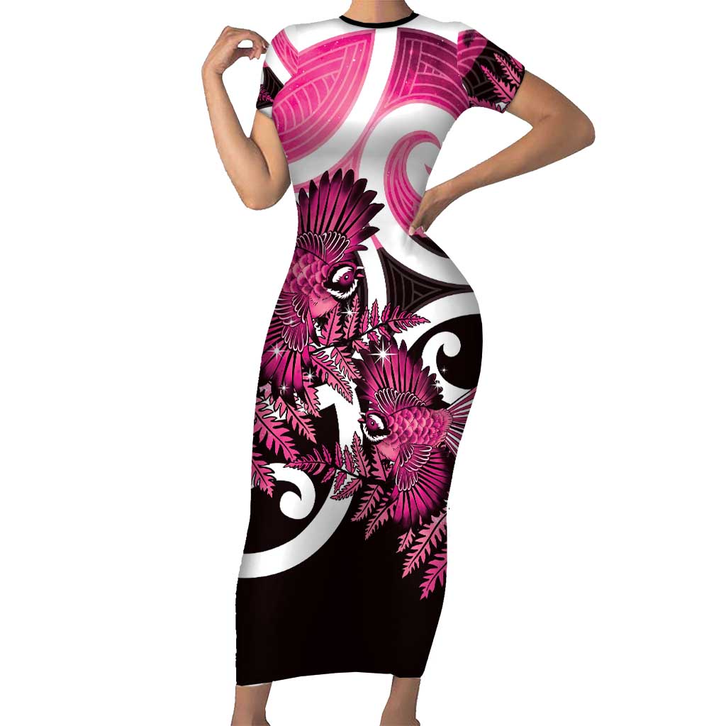 Piwakawaka New Zealand Matariki Short Sleeve Bodycon Dress Maori New Year Silver Fern Pink Galaxy LT14 Long Dress Pink - Polynesian Pride
