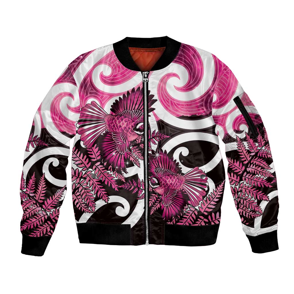 Piwakawaka New Zealand Matariki Sleeve Zip Bomber Jacket Maori New Year Silver Fern Pink Galaxy