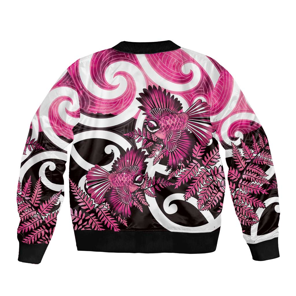 Piwakawaka New Zealand Matariki Sleeve Zip Bomber Jacket Maori New Year Silver Fern Pink Galaxy LT14 - Polynesian Pride