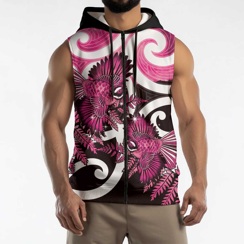 Piwakawaka New Zealand Matariki Sleeveless Zip Hoodie Maori New Year Silver Fern Pink Galaxy LT14 - Polynesian Pride