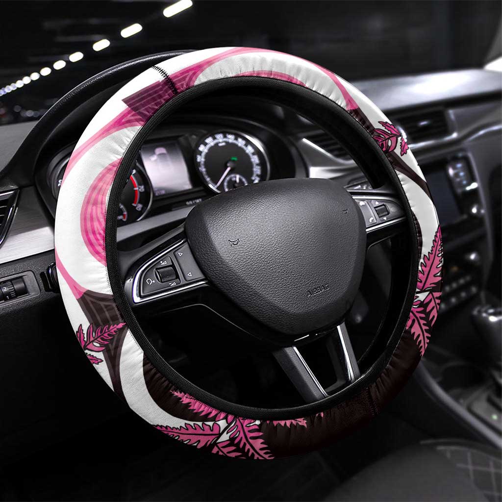 Piwakawaka New Zealand Matariki Steering Wheel Cover Maori New Year Silver Fern Pink Galaxy LT14 Universal Fit Pink - Polynesian Pride