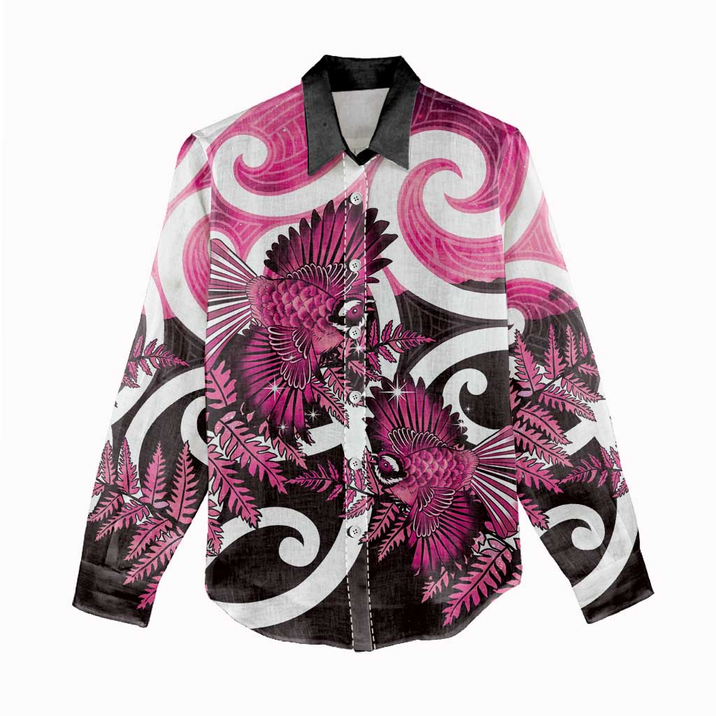 Piwakawaka New Zealand Matariki Women Casual Shirt Maori New Year Silver Fern Pink Galaxy LT14 - Polynesian Pride