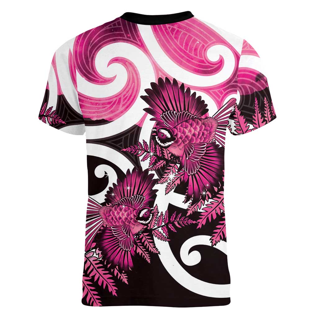 Piwakawaka New Zealand Matariki Women V-Neck T-Shirt Maori New Year Silver Fern Pink Galaxy LT14 - Polynesian Pride