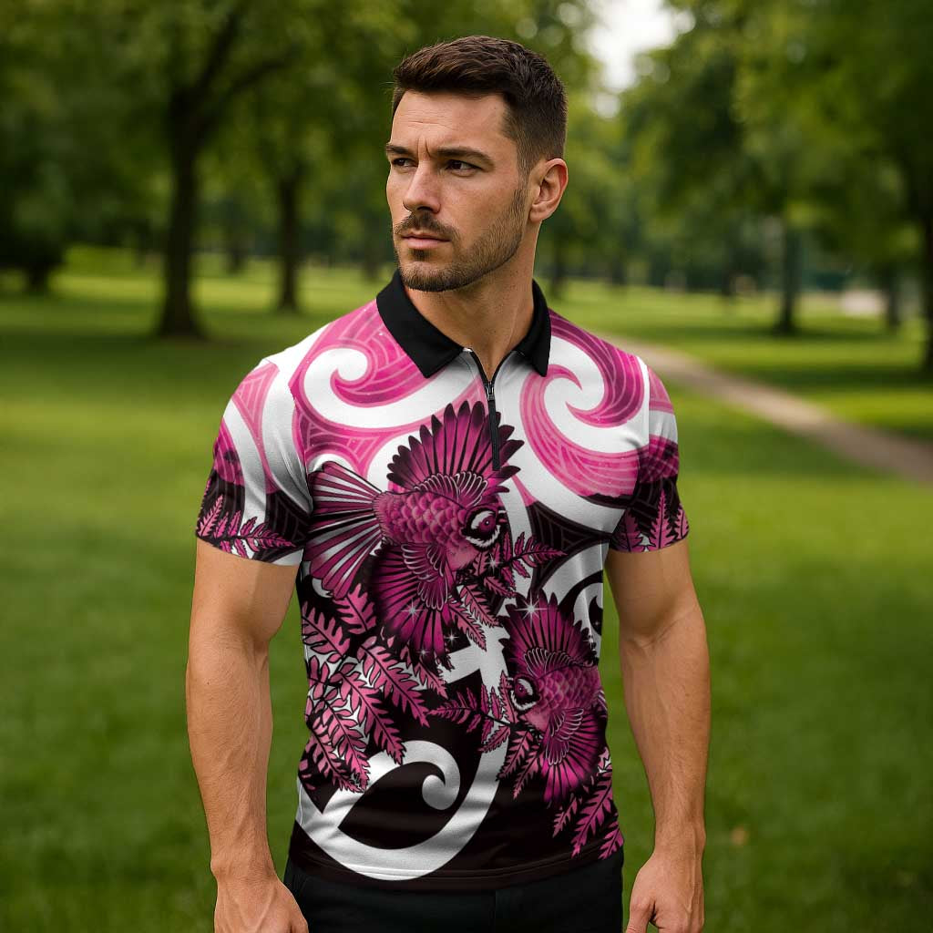 Piwakawaka New Zealand Matariki Zipper Polo Shirt Maori New Year Silver Fern Pink Galaxy LT14 - Polynesian Pride