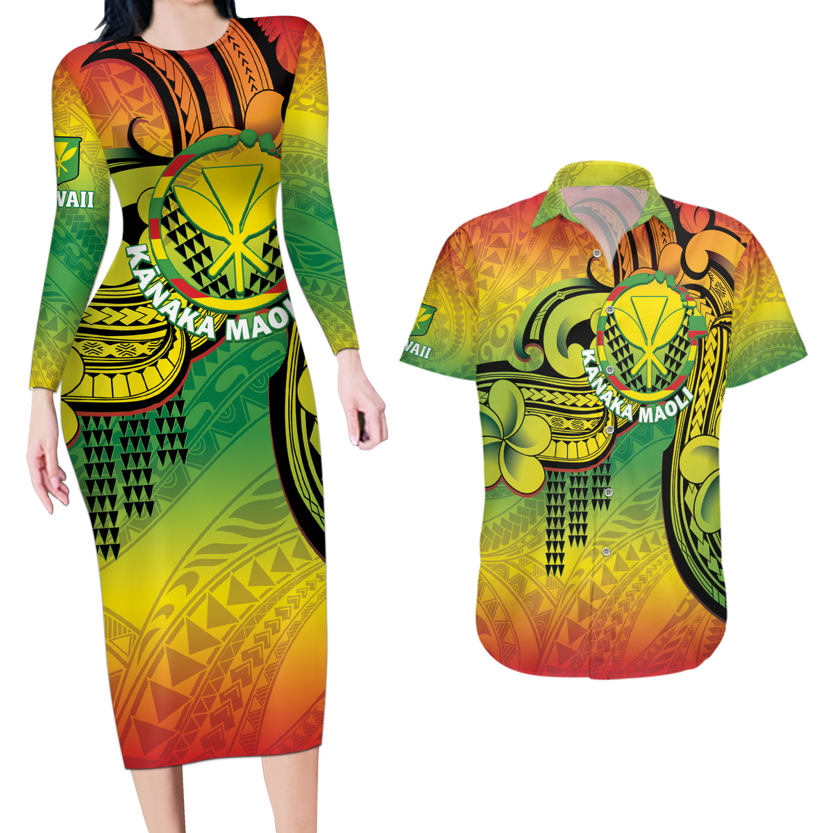 Hawaii Flag Day Couples Matching Long Sleeve Bodycon Dress and Hawaiian Shirt Kanaka Maoli With Kakau Polynesian Pattern LT14 Green - Polynesian Pride