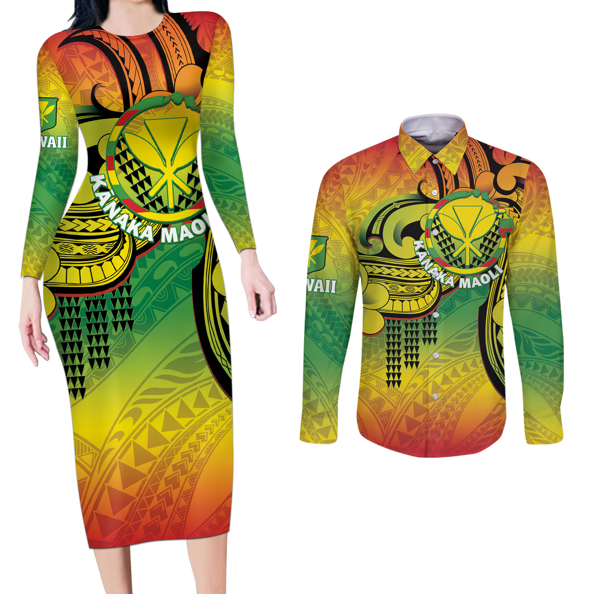 Hawaii Flag Day Couples Matching Long Sleeve Bodycon Dress and Long Sleeve Button Shirt Kanaka Maoli With Kakau Polynesian Pattern LT14 Green - Polynesian Pride