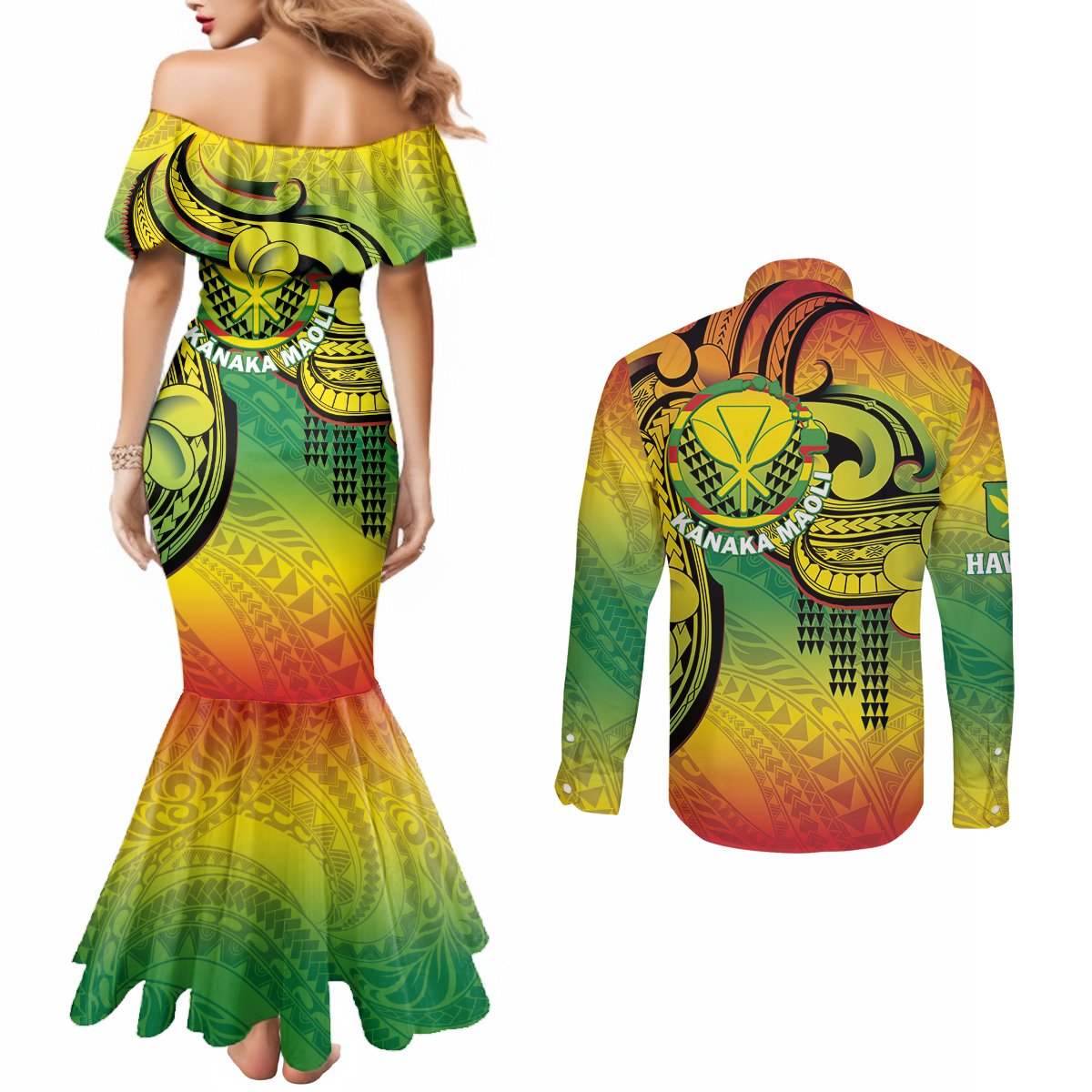 Hawaii Flag Day Couples Matching Mermaid Dress and Long Sleeve Button Shirt Kanaka Maoli With Kakau Polynesian Pattern LT14 - Polynesian Pride