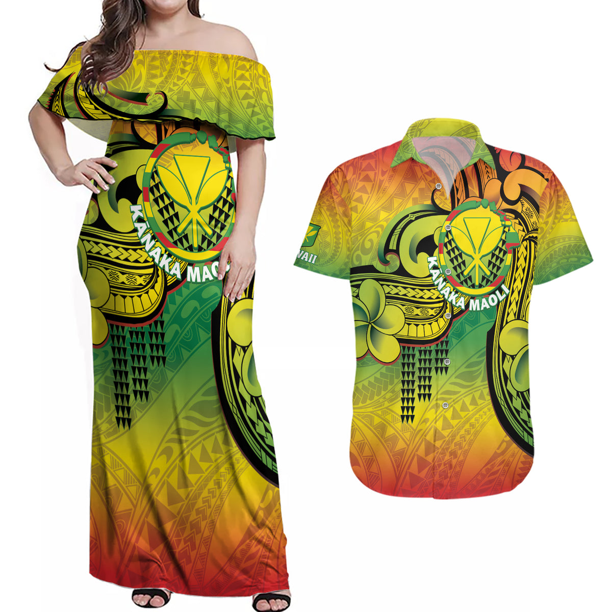 Hawaii Flag Day Couples Matching Off Shoulder Maxi Dress and Hawaiian Shirt Kanaka Maoli With Kakau Polynesian Pattern LT14 Green - Polynesian Pride