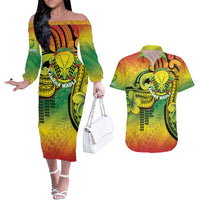 Hawaii Flag Day Couples Matching Off The Shoulder Long Sleeve Dress and Hawaiian Shirt Kanaka Maoli With Kakau Polynesian Pattern LT14 Green - Polynesian Pride
