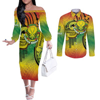 Hawaii Flag Day Couples Matching Off The Shoulder Long Sleeve Dress and Long Sleeve Button Shirt Kanaka Maoli With Kakau Polynesian Pattern LT14 Green - Polynesian Pride