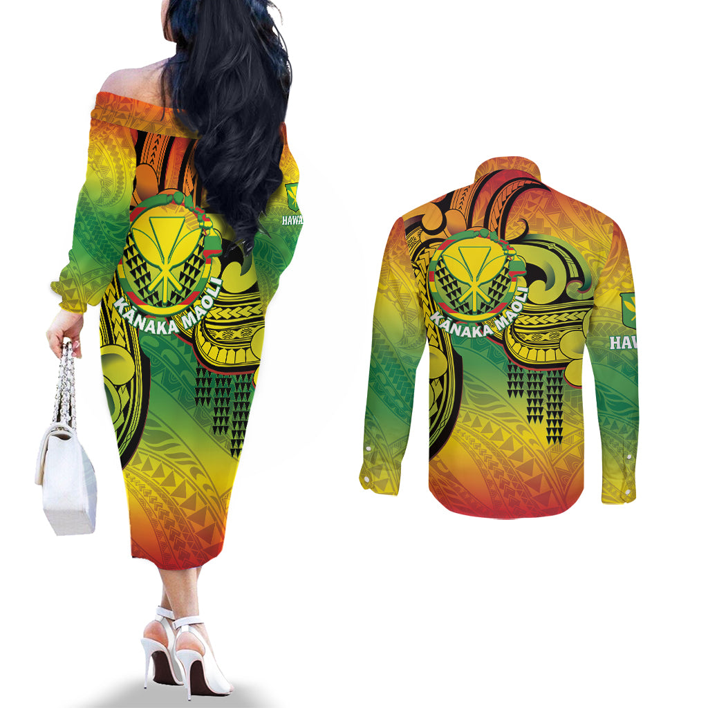 Hawaii Flag Day Couples Matching Off The Shoulder Long Sleeve Dress and Long Sleeve Button Shirt Kanaka Maoli With Kakau Polynesian Pattern LT14 - Polynesian Pride