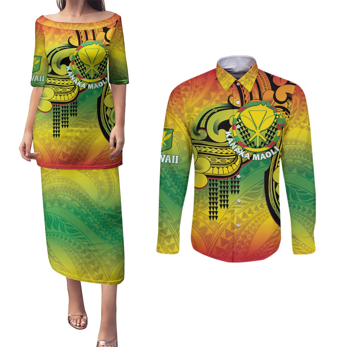Hawaii Flag Day Couples Matching Puletasi and Long Sleeve Button Shirt Kanaka Maoli With Kakau Polynesian Pattern LT14