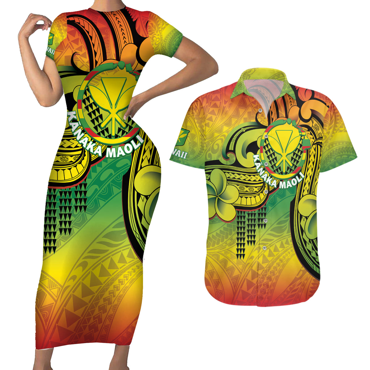 Hawaii Flag Day Couples Matching Short Sleeve Bodycon Dress and Hawaiian Shirt Kanaka Maoli With Kakau Polynesian Pattern LT14 Green - Polynesian Pride