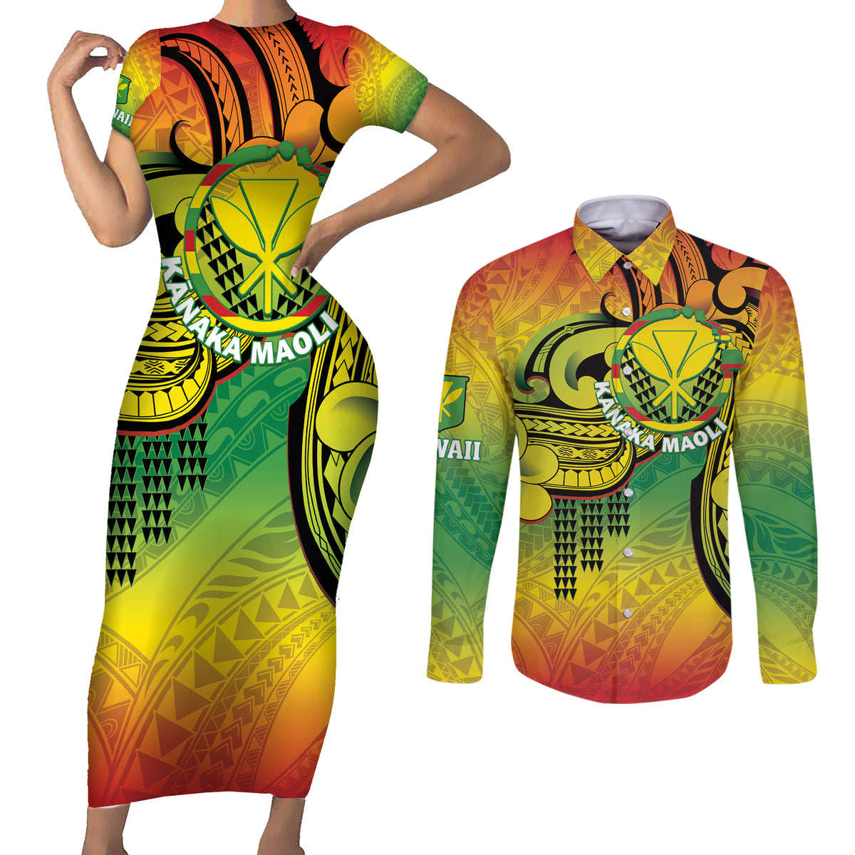 Hawaii Flag Day Couples Matching Short Sleeve Bodycon Dress and Long Sleeve Button Shirt Kanaka Maoli With Kakau Polynesian Pattern LT14 Green - Polynesian Pride
