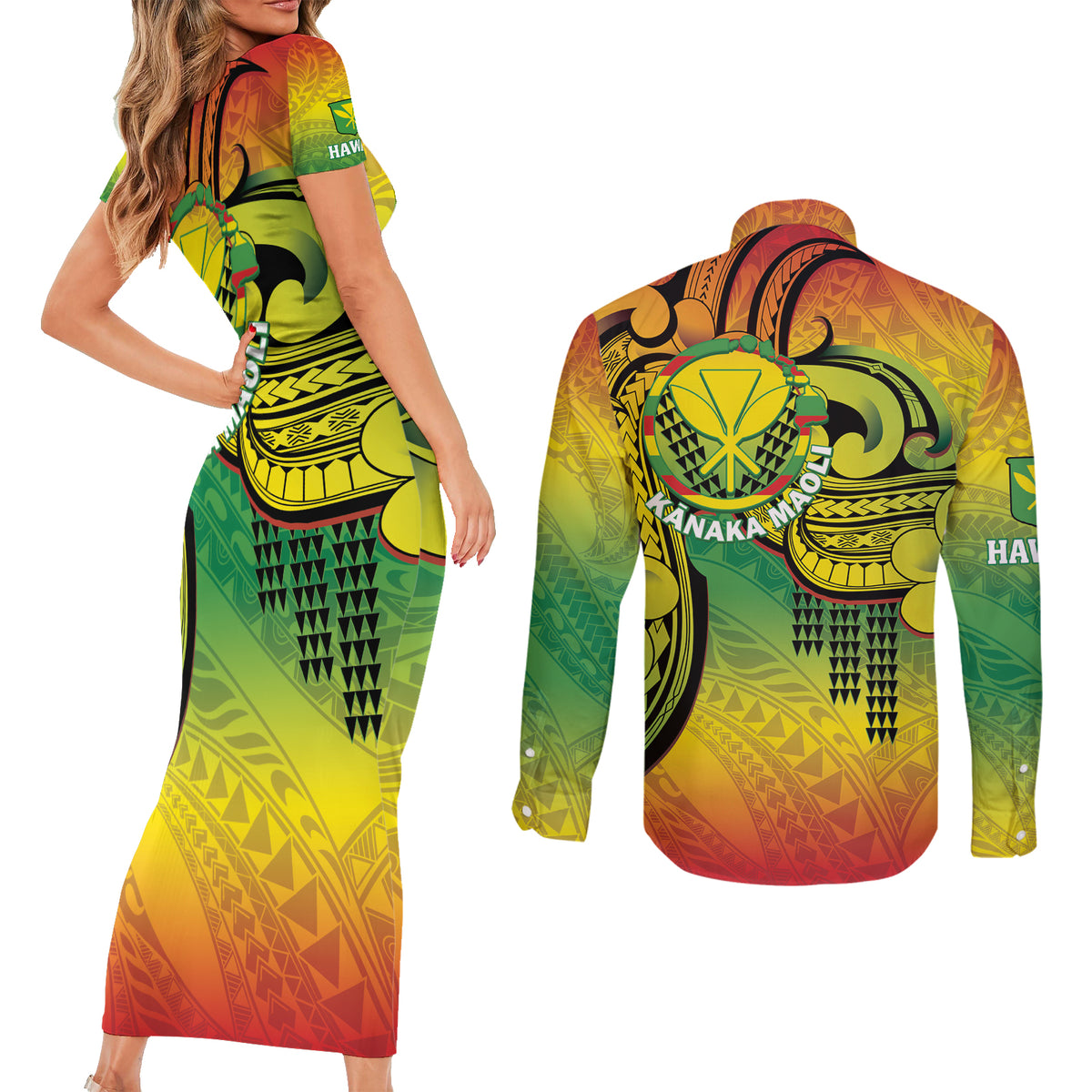 Hawaii Flag Day Couples Matching Short Sleeve Bodycon Dress and Long Sleeve Button Shirt Kanaka Maoli With Kakau Polynesian Pattern LT14 - Polynesian Pride