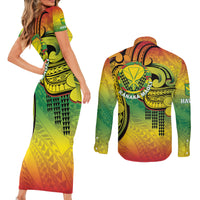 Hawaii Flag Day Couples Matching Short Sleeve Bodycon Dress and Long Sleeve Button Shirt Kanaka Maoli With Kakau Polynesian Pattern LT14 - Polynesian Pride