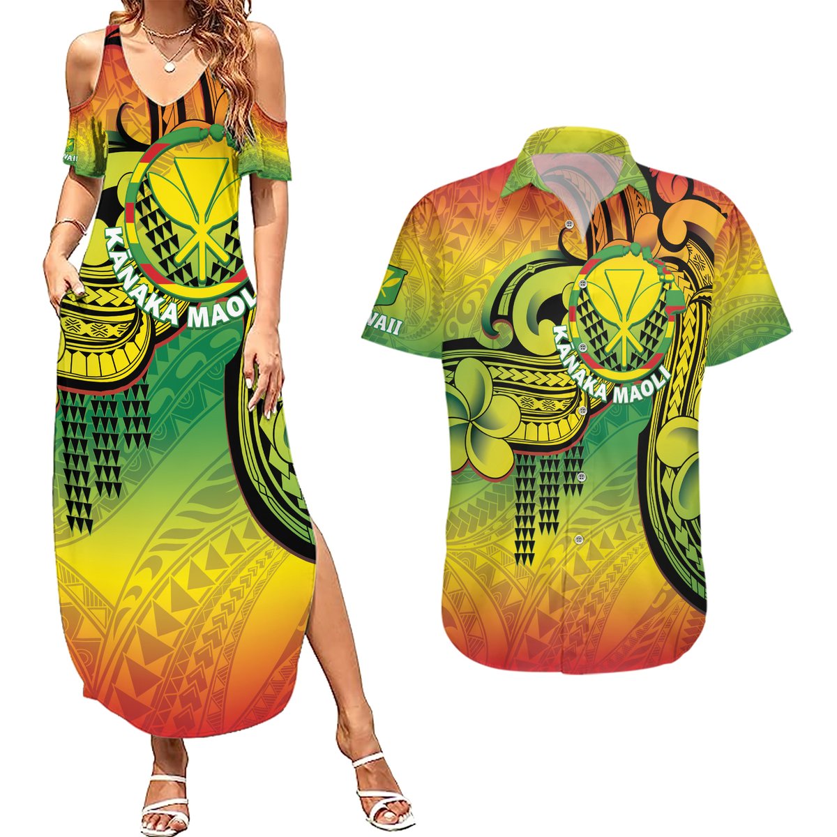 Hawaii Flag Day Couples Matching Summer Maxi Dress and Hawaiian Shirt Kanaka Maoli With Kakau Polynesian Pattern LT14 Green - Polynesian Pride