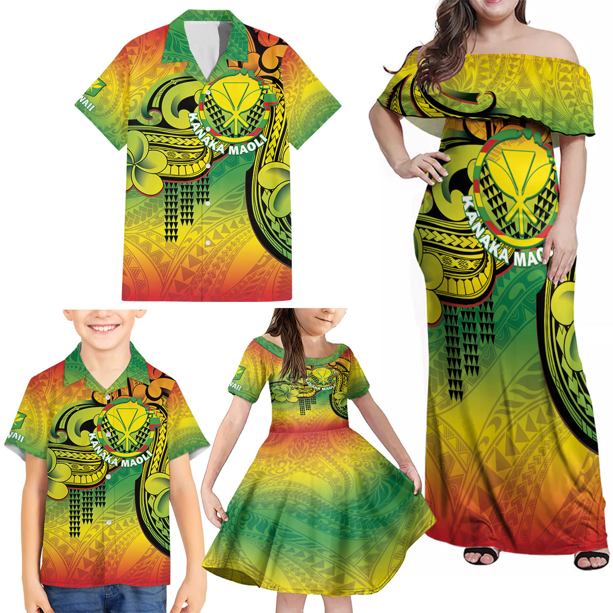 Hawaii Flag Day Family Matching Off Shoulder Maxi Dress and Hawaiian Shirt Kanaka Maoli With Kakau Polynesian Pattern LT14 - Polynesian Pride