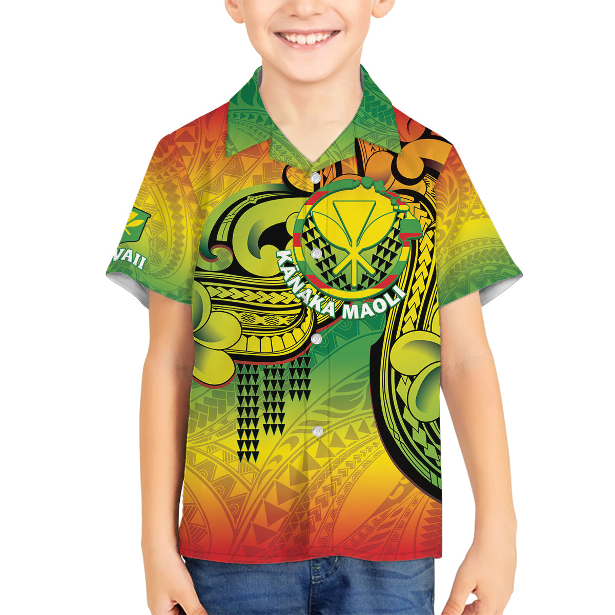 Hawaii Flag Day Family Matching Off Shoulder Maxi Dress and Hawaiian Shirt Kanaka Maoli With Kakau Polynesian Pattern LT14 Son's Shirt Green - Polynesian Pride