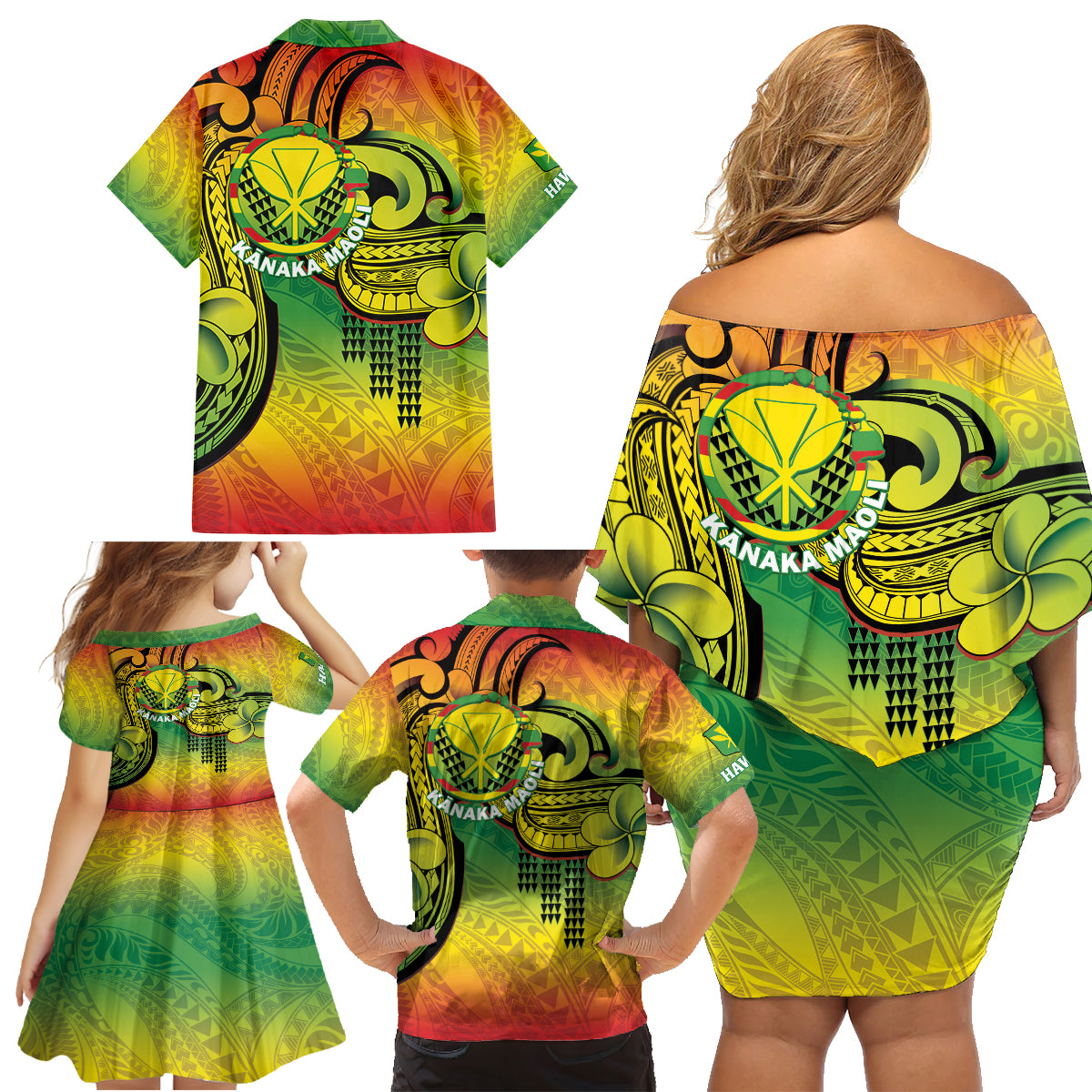 Hawaii Flag Day Family Matching Off Shoulder Short Dress and Hawaiian Shirt Kanaka Maoli With Kakau Polynesian Pattern LT14 - Polynesian Pride